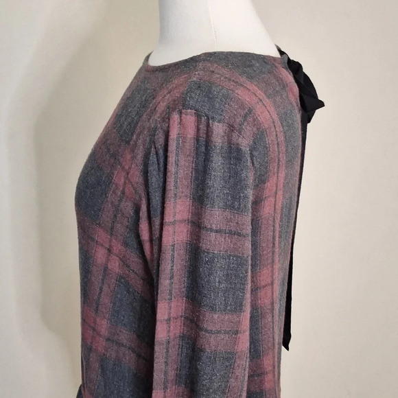 Cloth & Stone light weight plaid pull over fannel top griss  grain ribbon tie - Picture 5 of 9